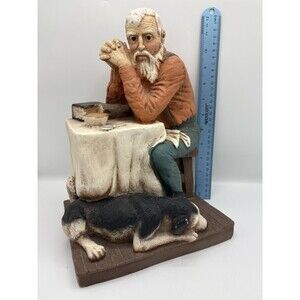 1989 Pat Rankin Universal Statuary - A Man Praying Before Dinner With His Dog